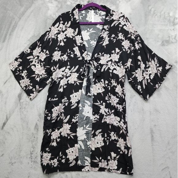 Spiritual Gangster Floral Tie Front Kimono Robe One Size OS Lounge Black Gray - Picture 1 of 9